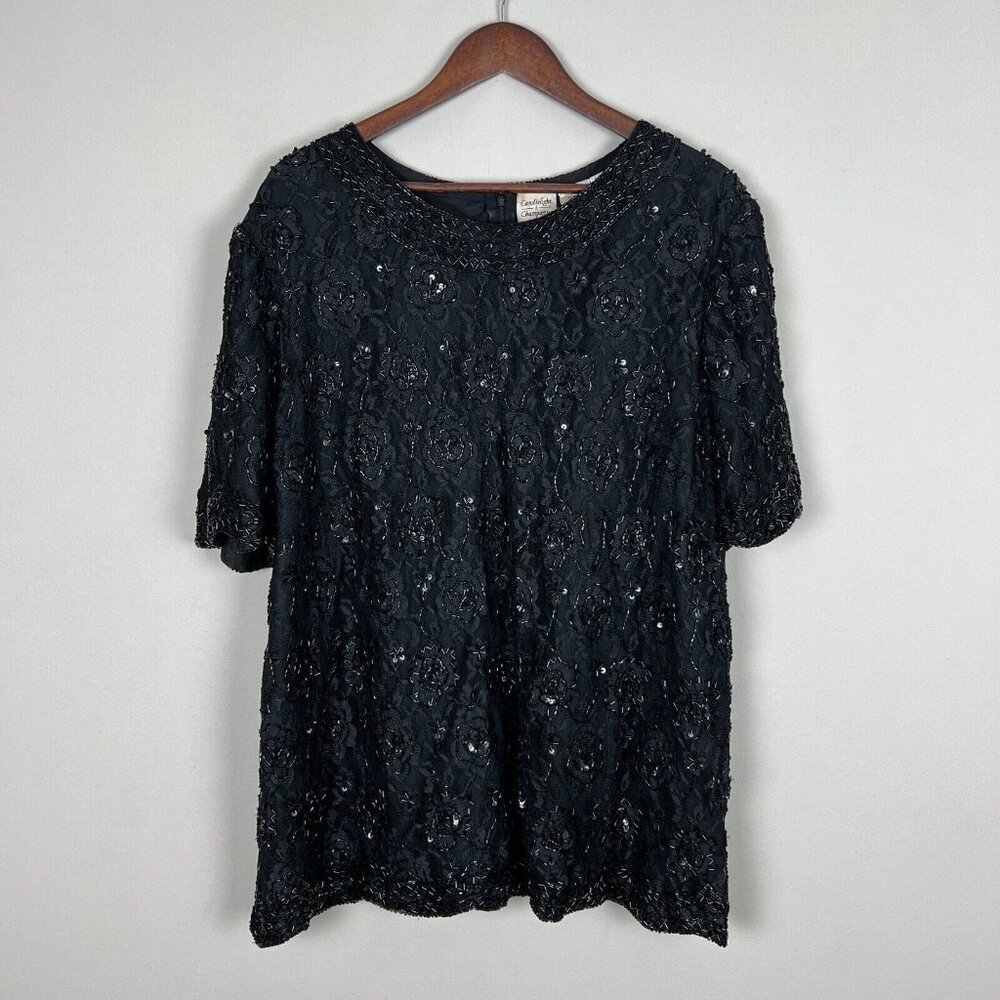 VTG Candlelight & Champagne‎ Womens 22W Lace Beaded Sequin Formal Blouse Lined